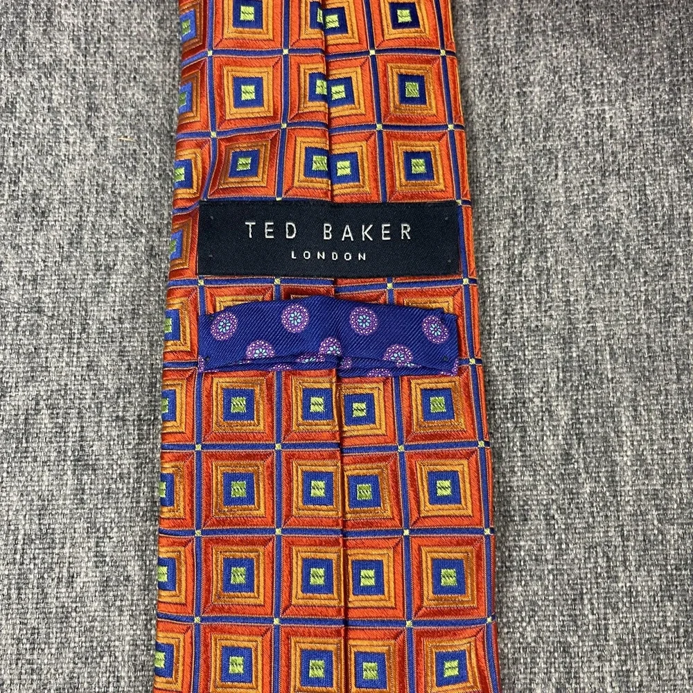 Ted Baker London 100% Silk Necktie Mens Orange Blue Geometric‎ Woven USA Made